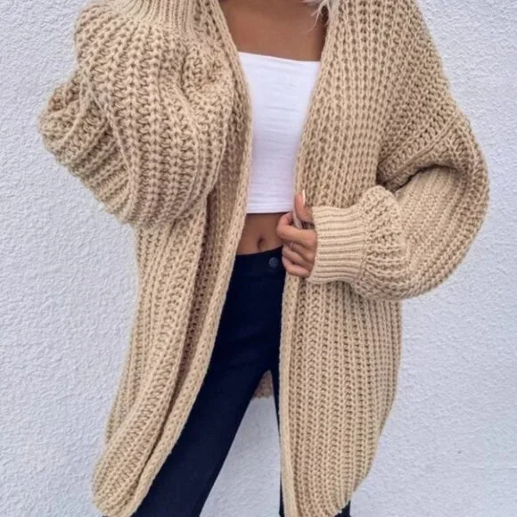 Chunky Knit Open front comfy cozy sweater Cardigan khaki - Picture 9 of 14